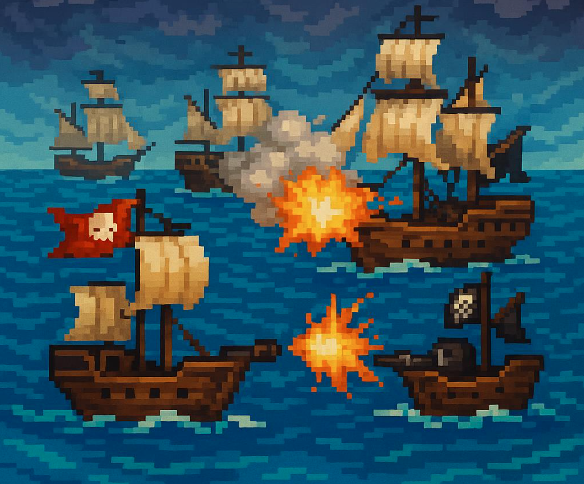 Epic pixel art pirate ship battle scene with multiple vessels firing cannons, explosions in the water, and dramatic stormy skies - showcasing the intense naval combat in Booty Plunder